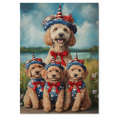 Mother Labradoodle and Three Puppies Dressed in Patriotic Outfits with Star Hats and Red Bows by a Lake and Wildflowers on Ready to Hang 1.5" Thick Canvas Wrap, Floating Framed Canvas, Flat Rolled Canvas